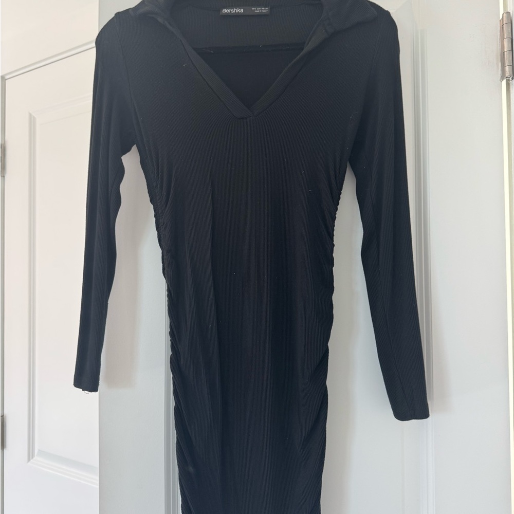 Bershka Black Long Sleeve V-Neck Dress